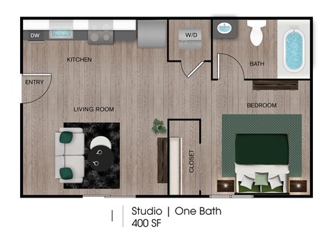 Floor plan for studio, 1 bath, 400 sqft